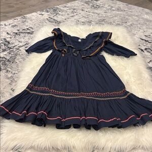Something Navy Ruffled Dress with Embroidered Details